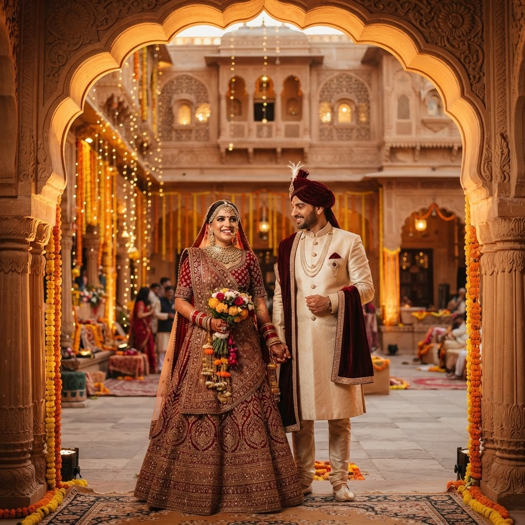 Rajasthani royal wedding couple in a palace
