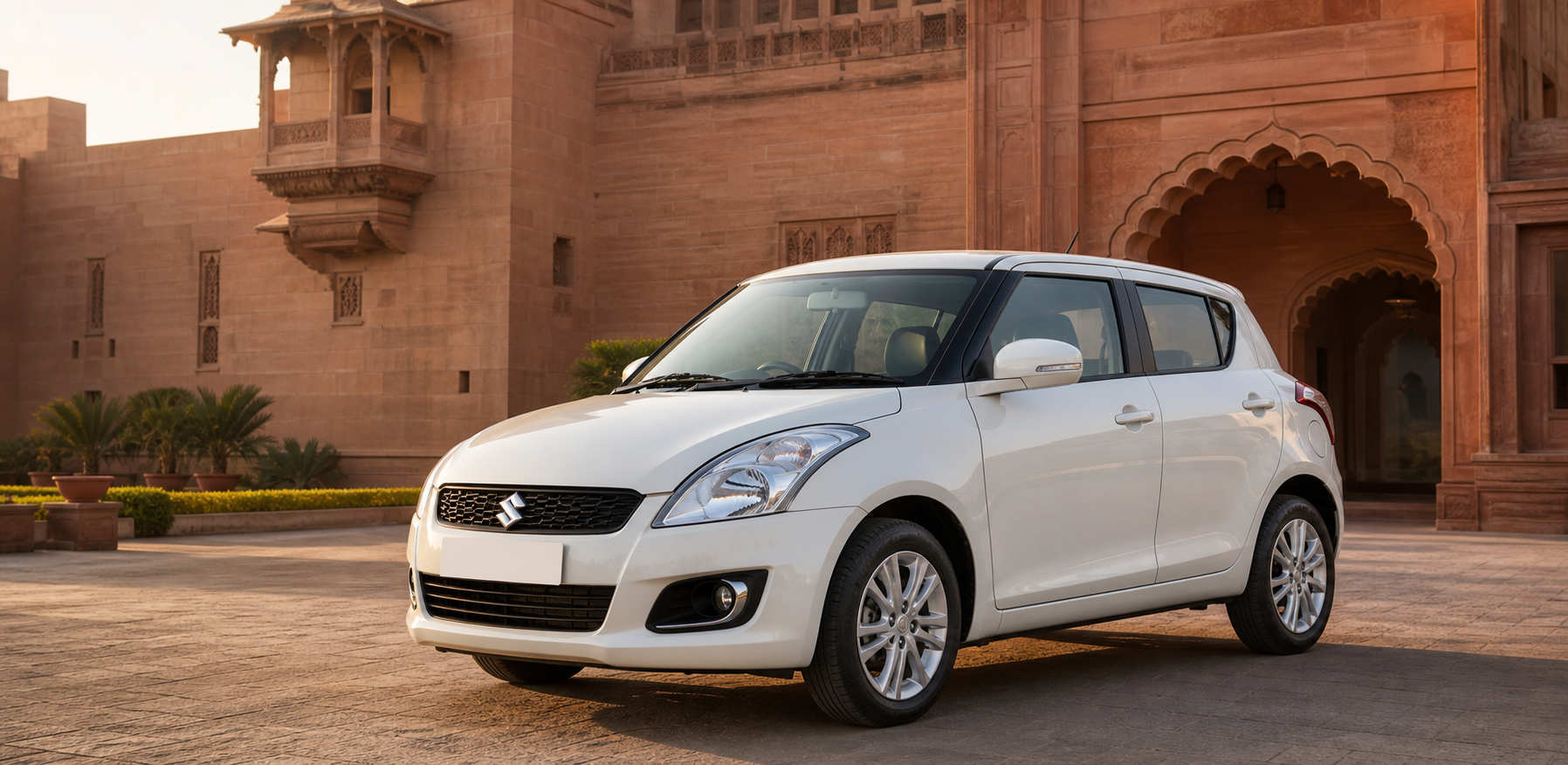 White Maruti Suzuki Swift outside a Rajasthani heritage venue